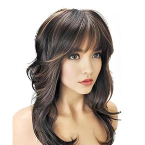 Brown with Strawberry Blonde Highlights Long Curly Hair Wig, Heat Resistant Synthetic Wig, Everyday or Cosplay Wig
