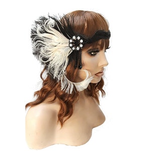 1920s Flapper  Black and Cream Headband  Feather Headpiece Gatsby Accessories for Women Sequined Showgirl Headpiece