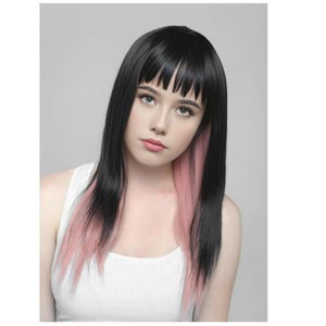 Long Black And Pink Synthetic Heat Resistant Wig With Bangs