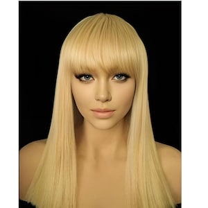 Straight, Long, Blonde, Wig, With Bangs, Platinum and Golden Blonde Mix