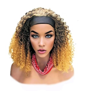 Headband afro wig Red and Black bands  Print Headwrap with Ombre Blonde and Black Curls Synthetic wig. Daily wear Realistic Natural look Wig
