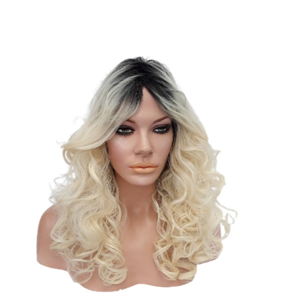 Ombre Blonde Wig Black Roots Platinum Blonde Curly Wig Long Heat Resistant Synthetic Wig Etsy Canada
