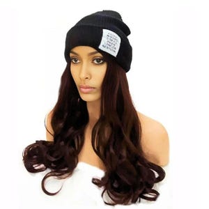 Hat with Hair Attached Slouchy Winter Knit Hat Synthetic Long curly Hair Beanie Cap for Women Wig Hat with Hair Dark Brown