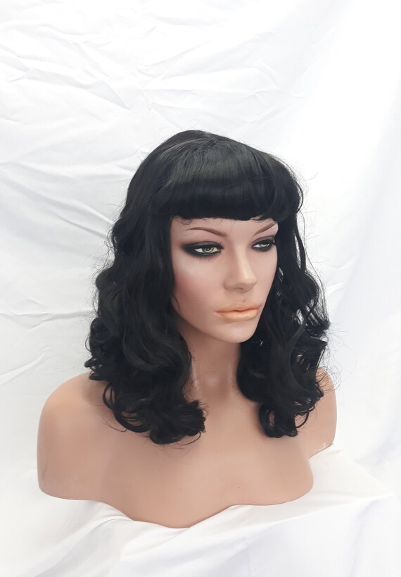 Black Pinup Style Synthetic Wig With Bangs And Curls Etsy