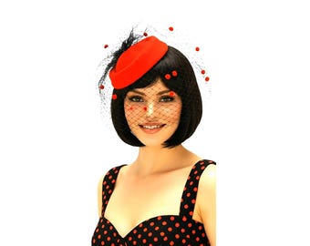 Red Pillbox Hat with Veil, 1950s Style Fascinator