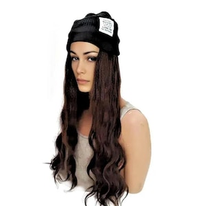 Hat with Hair Attached Slouchy Winter Knit Hat Synthetic Long Wavy Hair Beanie Cap for Women Wig Hat with Hair(Auburn brown)