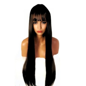 Long Straight Black Brown Wig with Bangs, Heat Resistant Synthetic Wig