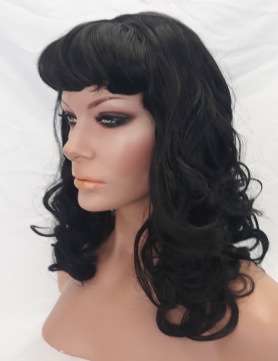 Black Pinup Style Synthetic Wig With Bangs And Curls Etsy