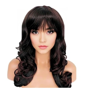 Long Curly Black and Auburn Synthetic Realistic Heat Resistant Wig With Bangs