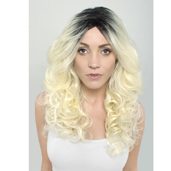 Long Curly Platinum Blonde Ombre Synthetic Wig With Black Etsy