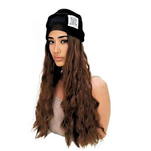 Slouchy Beanie Hat With Wig For Women - Ribbed Beanie Cap - Warm Brown Long Wig - Slouch Beanie Hat With Hairs - Black Beanie Wig With Bangs