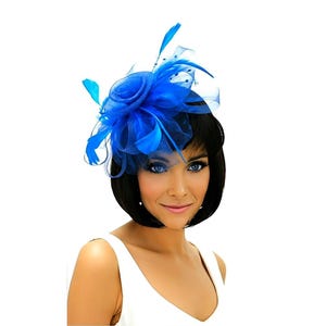 May include: A vibrant blue fascinator with feathers and a rose-shaped accent. The headpiece is set against a white background, suggesting a formal or special occasion accessory.