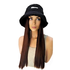 Hat with Hair Attached  Winter Black  Boucle Bucket hat   Long Straight Dark Auburn Brown Hat Synthetic  Hat  for Women Wig Hat