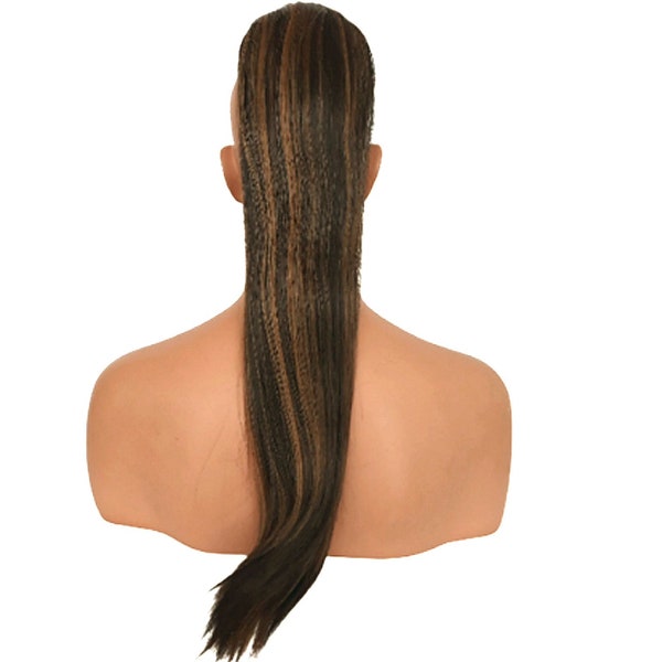 22 Inch Brown with Strawberry Blonde Highlights Drawstring Ponytail