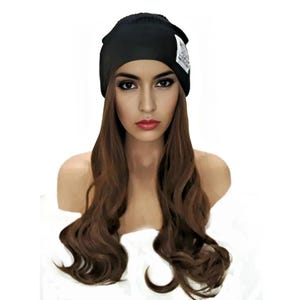 Hat with Hair Attached Slouchy Winter Knit Hat Synthetic Long Light Brown curly Hair Beanie Cap for Women Wig Hat with Hair