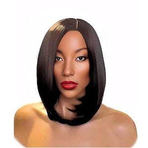 Black long asymmetrical Curly Bob Wig  skin top, Short Natural Look Realistic Black Wig, Beauty Luxury Wigs for Everyday Hair Accessories