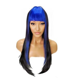 Long Straight Black/Blue Synthetic Wig With Bangs Heat Resistant Realistic Looking