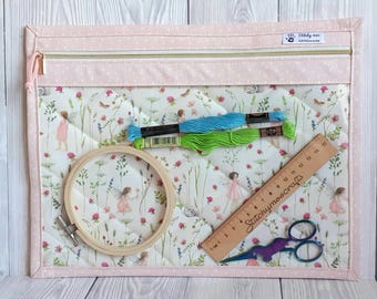 Fairy Garden Project Bag, Pink Vinyl Front, Embroidery Cross Stitch Storage