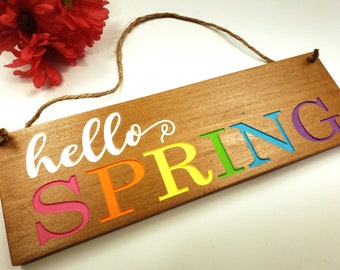 Hello Spring Welcome Sign, Spring Door Decor, Hello Spring Wood Sign, Spring Porch Decor, Colorful Spring Wreath Sign