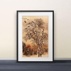 Flock of Crows at Dawn by Kawanabe Kyōsai - Japanese Print Japanese Art Wall Art Poster Gift