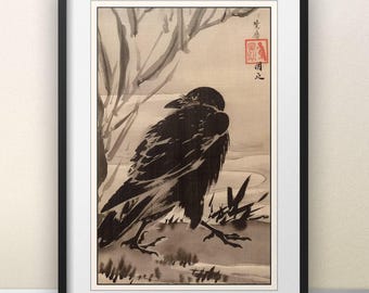 Kawanabe Kyōsai Crow and Reeds Print - Meiji Era Japanese Art