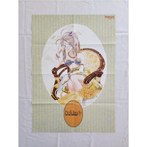 Puede incluir: Un póster vintage con una ilustración de estilo anime de una mujer sentada en una silla decorativa. Lleva un top azul y dorado y tiene el pelo largo. El póster tiene un fondo verde claro con un patrón repetitivo y el texto "Belladandy ARE MY GODDESS".