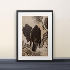 Two Crows on a Pine Branch by Kawanabe Kyōsai - Japanese Print Japanese Art Wall Art Poster Gift