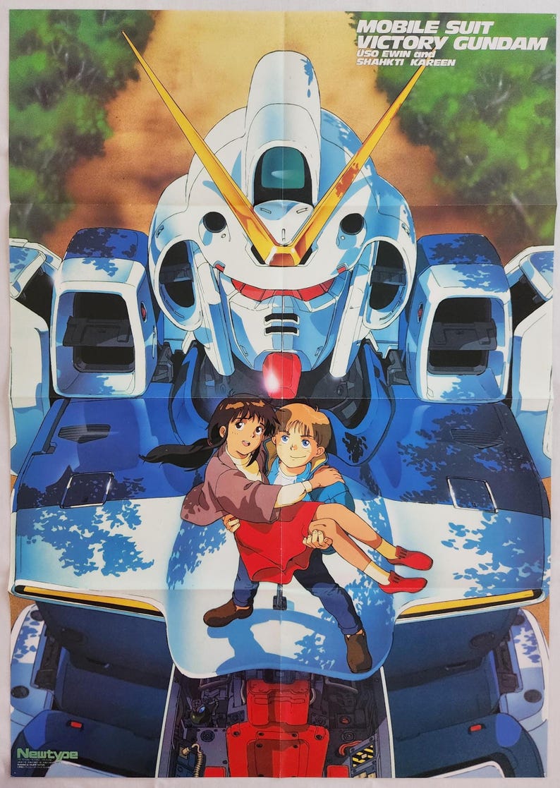 May include: A poster for "Mobile Suit Victory Gundam" featuring a large blue and white robot with yellow accents. Two children are in front of the robot. The poster has the text "Newtype" in the bottom left corner.