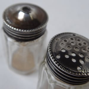 May include: Two silver-plated salt and pepper shakers with glass bodies and a beaded rim around the top of each lid. The salt shaker has a small hole in the top of the lid, while the pepper shaker has a perforated lid.