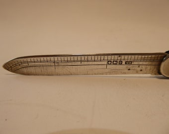 Puede incluir: Primer plano de una herramienta de medición de plata con una punta puntiaguda y una regla marcada en pulgadas. La herramienta está grabada con el texto "WN" y marcas de contraste que incluyen una corona, un león y una letra "D".