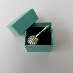 May include: A silver-colored seashell-shaped spoon, presented in a teal gift box with a black interior. The spoon has a long handle and is likely used for serving or scooping.