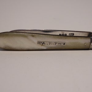 1882 JYC Mother of pearl & Sterling Silver bladed folding fruit pen or pocket knife by JYC
