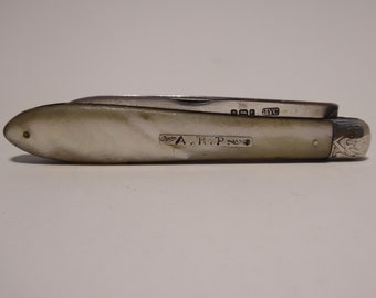 1882 JYC Mother of pearl & Sterling Silver bladed folding fruit pen or pocket knife by JYC