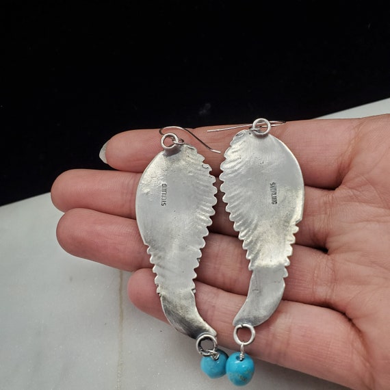 925 Sterling Navajo Handmade Feather Earrings wit… - image 7