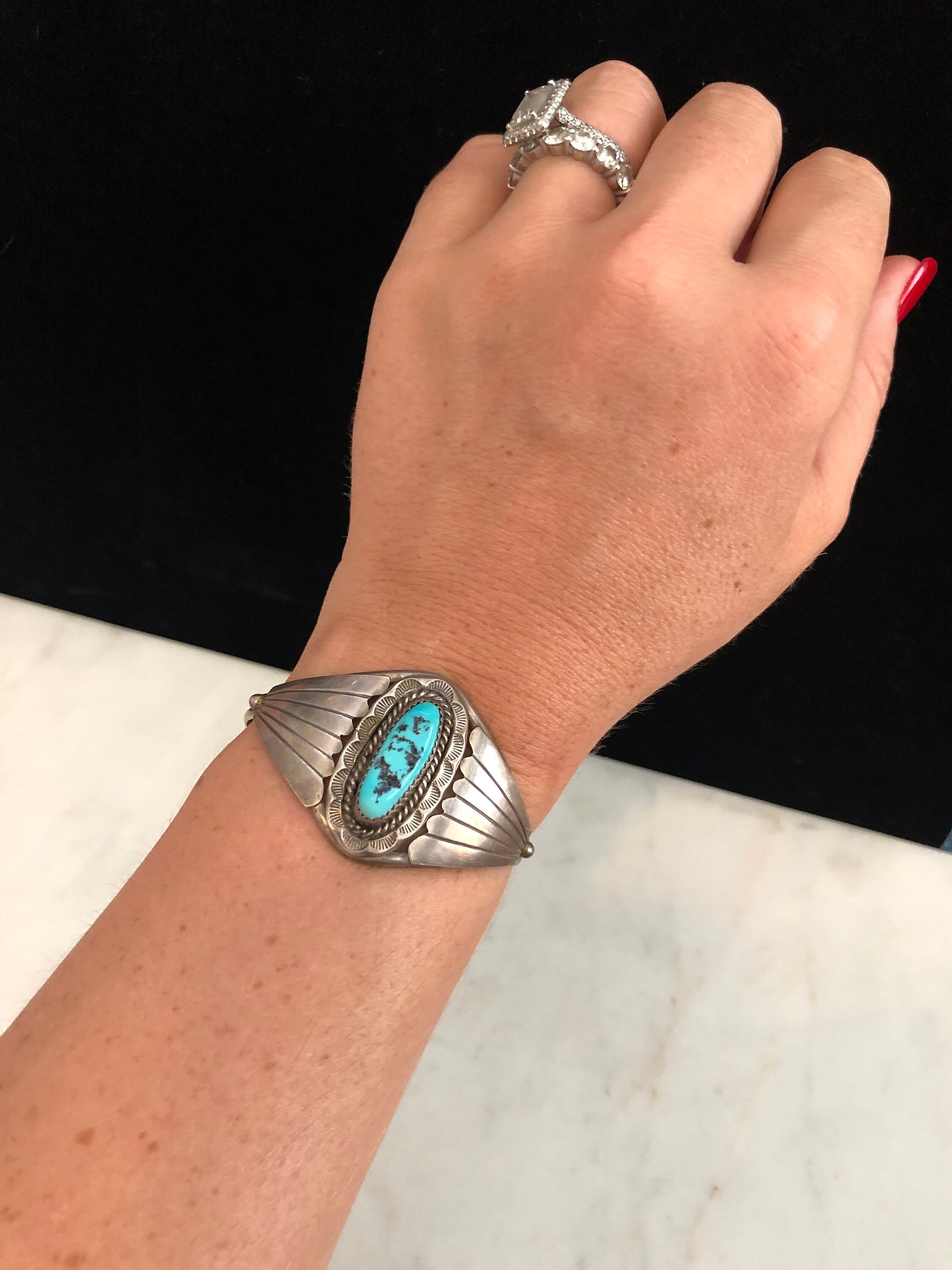 Vintage Turquoise Cuff // Oval Natural Turquoise Set in Sterling Silver