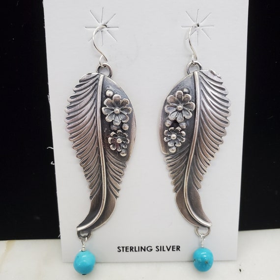 925 Sterling Navajo Handmade Feather Earrings wit… - image 2