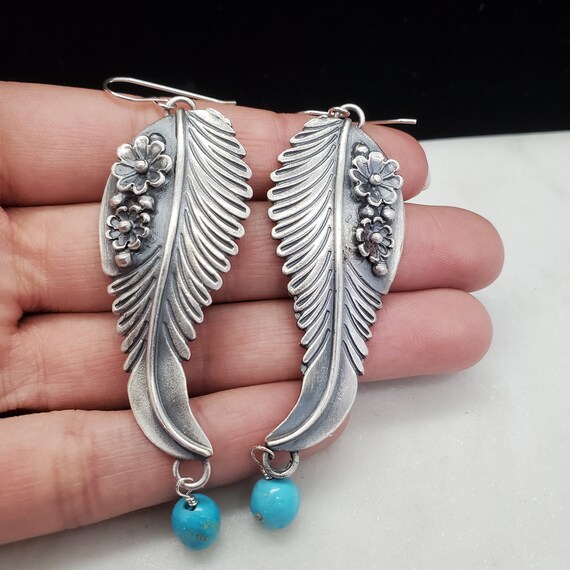 925 Sterling Navajo Handmade Feather Earrings wit… - image 6