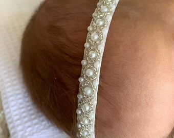 Vintage Girls Pearl Headband Vintage Baptism Headband Rhinestone Baby Headband baby hair accessory First Birthday Headband Naming Ceremony