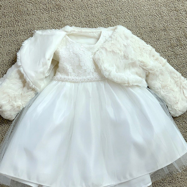 Baby / Toddler Long Sleeve Fur Jacket Fur Shawl Cover Baby Faux Fur Jacket Baby Baptism Christening Fur shawl White Girls shawl Ivory Shawl