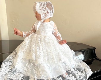 Long sleeve Christening baby Gown Lace Baptism Gown Baby Girl Christening Gown White baby girl dress Ivory dress dress Toddler baptism gown