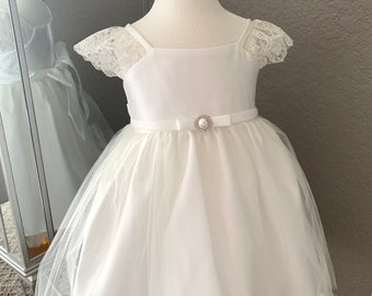 White Baptism Dress - Ivory Baptism Dress - White baby girl dress - white Christening dress - Cap-Sleeve baby dress - Lace baptism Dress