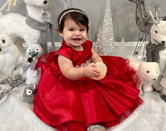 Red Christmas Baby Gown Christmas Baby Dress Girls Holiday Red Dress Flower Girl Dress Baby Formal Dress Christening Dress Baptism Dress