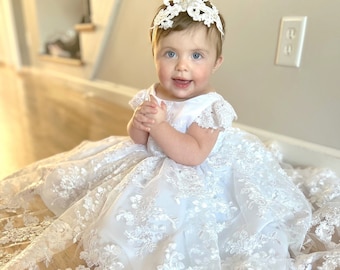 Christening Girls Gown Long Lace Baptism Gown - Baby Girl Dress Christening dress - White baby Baptism Dress - Ivory Baptism dress Toddler