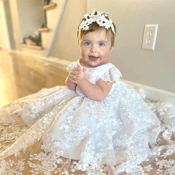 Christening Girls Gown Long Lace Baptism Gown - Baby Girl Dress Christening dress - White baby Baptism Dress - Ivory Baptism dress Toddler