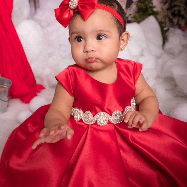 Red Christmas Baby Gown Christmas Baby Dress Girls Holiday Red Dress Flower Girl Dress Baby Formal Dress Christening Dress Baptism Dress