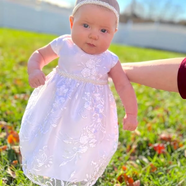 Baptism Baby Dress Pearl Baby Girl Dress Christening Gown White baby girl dress Ivory Baby dress lace christening dress