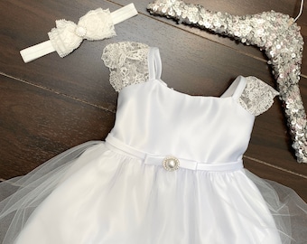 Baptism Baby Dress Pearl embellished BabyGirl Dress Christening Dress White baby girl dress Ivory Baby girl dress lace Flower girl dress