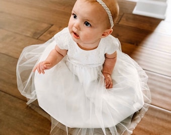 Baby girl baptism Dress flower girl dress Christening Gown White babygirl dress Ivory Baby dress Toddler baptism pearl embellished dress