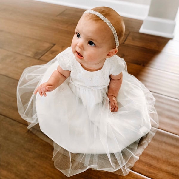 Baby girl baptism Dress flower girl dress Christening Gown White babygirl dress Ivory Baby dress Toddler baptism pearl embellished dress