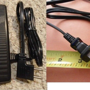 May include: Black foot pedal with the word "ELECTRONIC" printed on it. The foot pedal has a black cord with a two-prong plug. The cord is approximately 3 feet long.